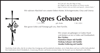 Traueranzeige von Agnes Gebauer von Pegnitz-Zeitung